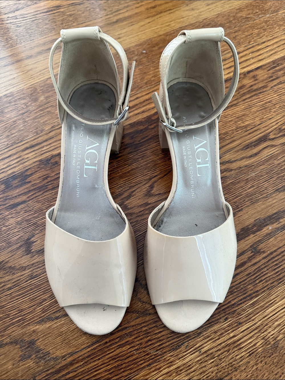 AGL Nude Patent Leather Block Heel Sandals with Ankle Strap 37 1/2